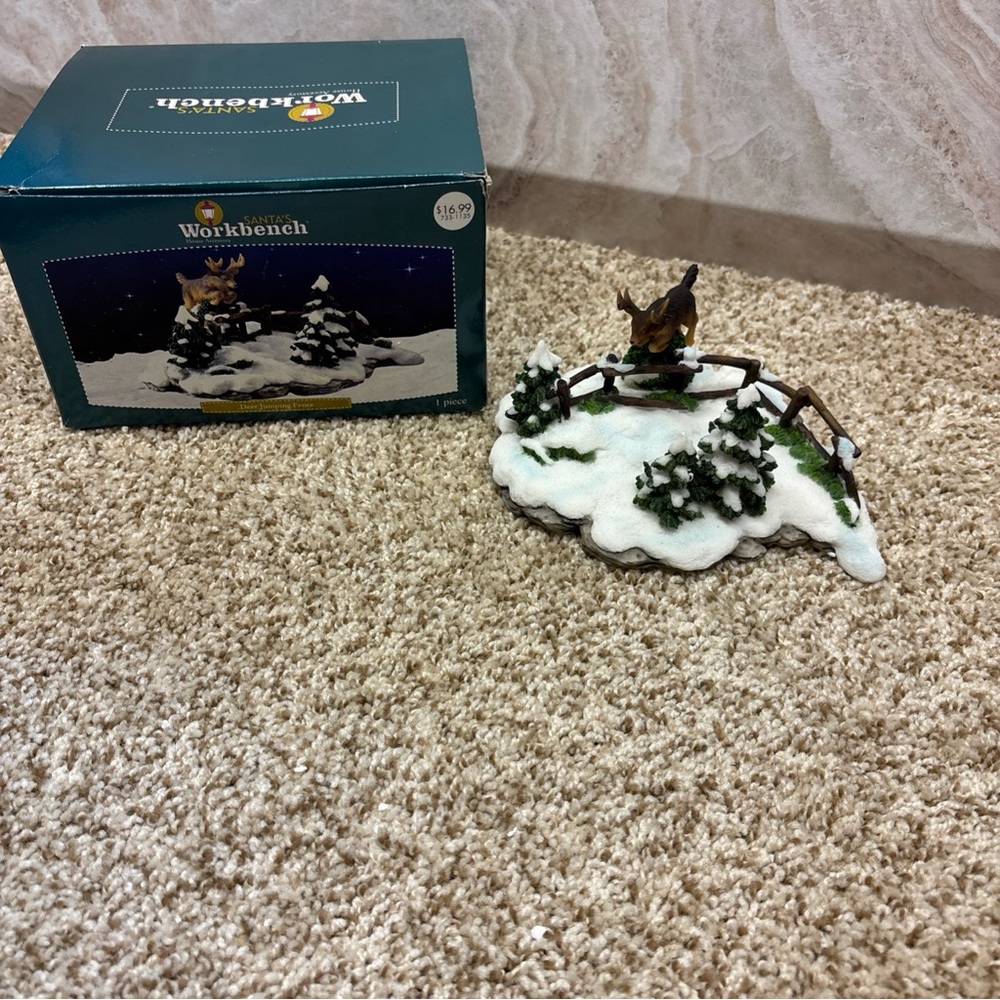 NIB Vintage Santas Workbench Deer Jumping Fence winter scene